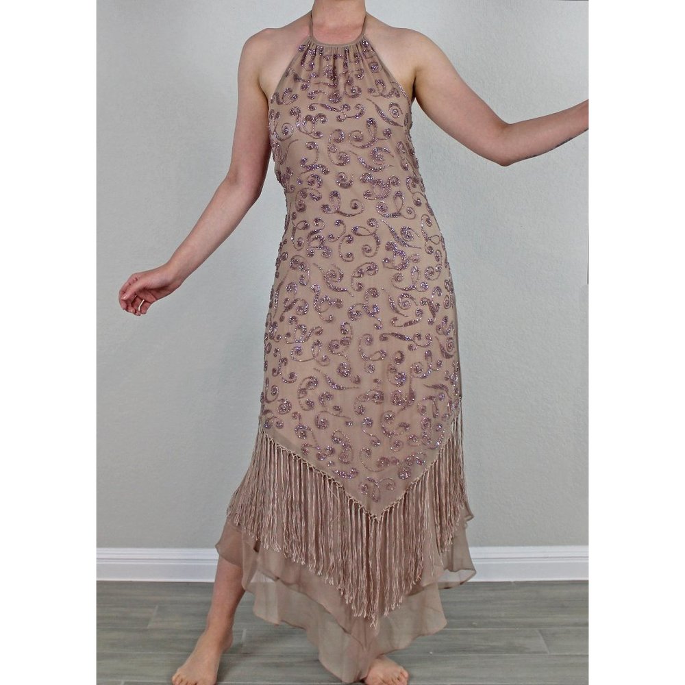 Silk tan beaded fringe formal ballroom prom gown
